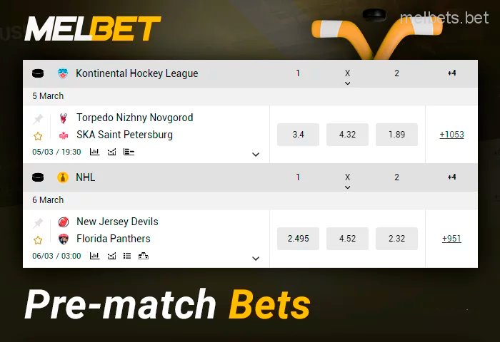 Pre-match hockey betting at Melbet